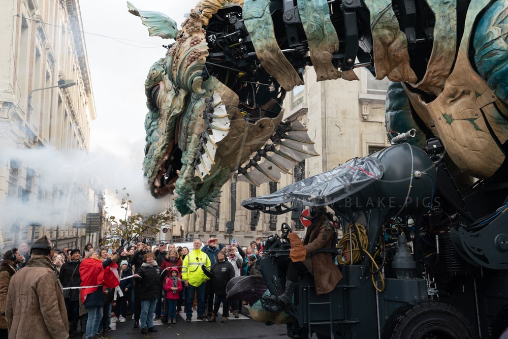 Le Dragon de Calais blowing steam over the crowd, Calais, France